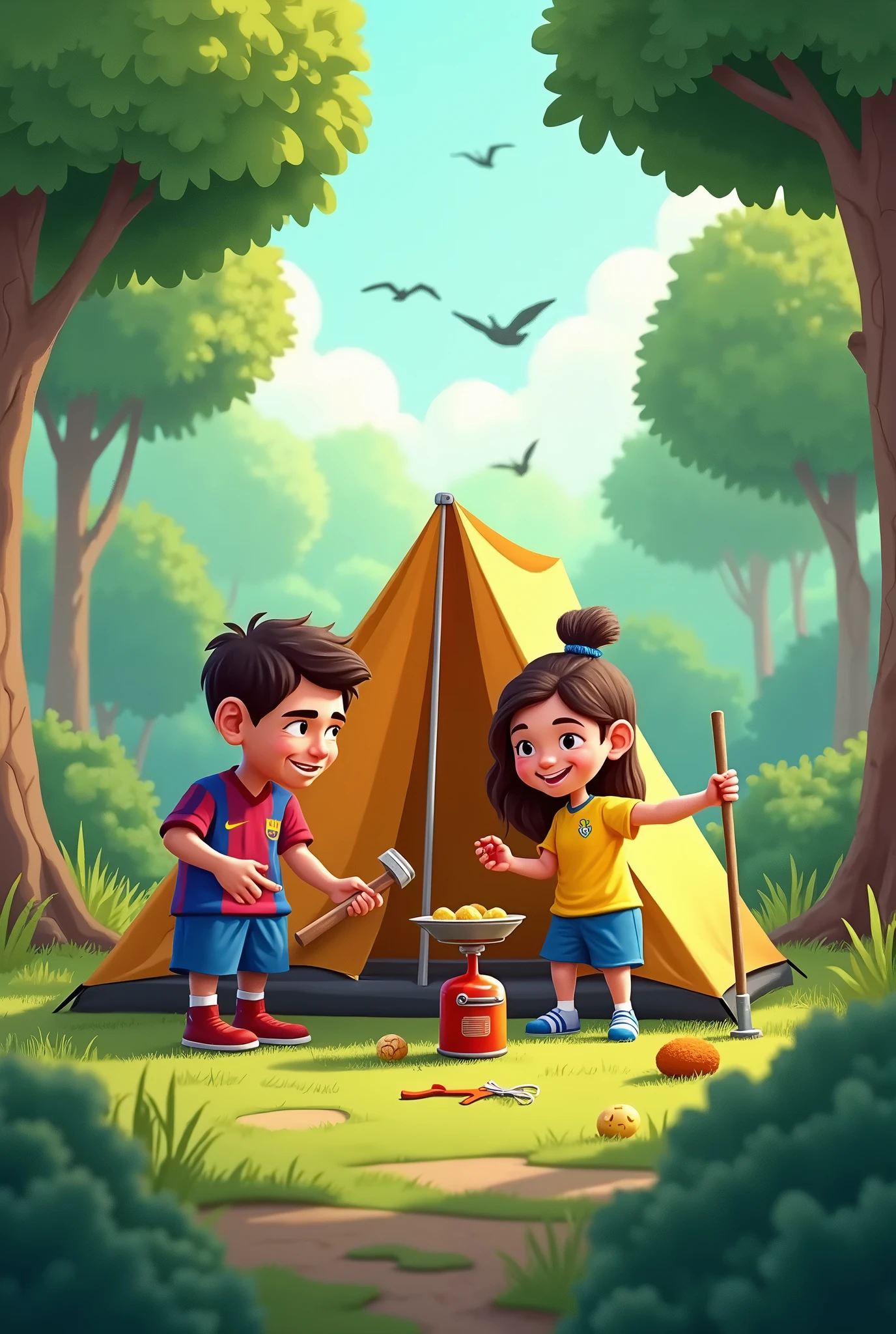 Camping in the forest, a 3D miniature scene of a tent surrounded by pink and white flowers and green trees, with children playing. campfires、The miniature landscape features a green grassland background, with axis shifting photography effects and ultra clear details. The dreamy fantasy realism style scenes are rendered using wide-angle lenses and depth of field, creating an octagonal paper art illustration style with blurred foreground