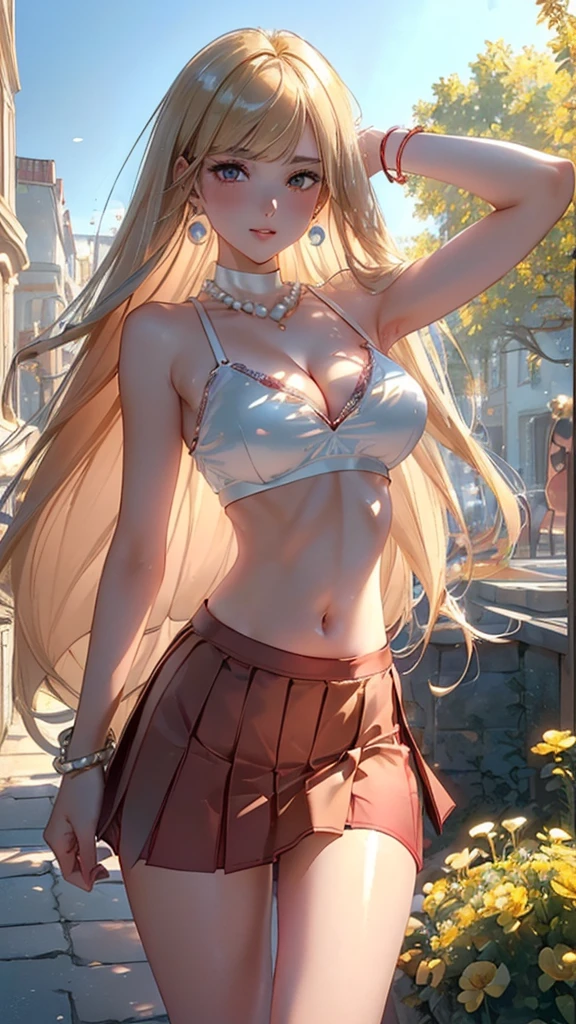 ((Masterpiece, Ultra High Quality, High Resolution, Ultra HD 8K Quality)), (Realism), (((Cool Beauty))), (((Perfect Slim Body))), (((Best Body Proportions))), (((Well-proportioned Body Proportions))), (((Shiny Blonde Hair))), (((Long Straight Hair: 1.3))), (((Bangs))), ((Clear Deep Ruby Red Eyes: 1.2)), (((Shiny Eyes: 1.2))), (((Eye Highlights: 1.2))), (((Light Blue Sports Bra: 1.2))), (((Tube Top Bra: 1.2))), (((Cleavage))), (((Light Blue Ultra Mini Skirt))), (((Pleated Skirt))), (((Slit skirt slit skirt))), (((Big earrings, pearl necklace, bangle))), (((Heavy and very large breasts))), (Open lips: 1.1, Blush: 1.05), (Sun: 1.05, Flowers), Romantic, 3D rendering, Best quality, (Masterpiece), Beautiful smile, (((Beautiful standing pose))), Autumn shopping street background