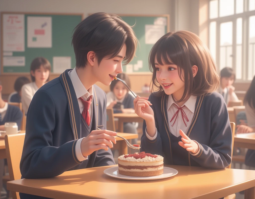 whole body、High school classroom、 short hair、A female student is scooping a cake with a fork and feeding it to a male student、 chair during my trip to Spain、 beautiful girls、Handsome boy 、 wearing a high school uniform 、smile、