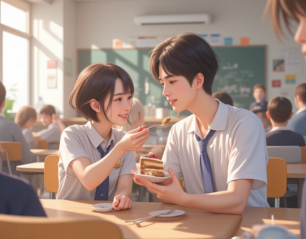 whole body、High school classroom、 short hair、A female student is scooping a cake with a fork and feeding it to a male student、 chair during my trip to Spain、 beautiful girls、Handsome boy 、 wearing a high school uniform 、smile、