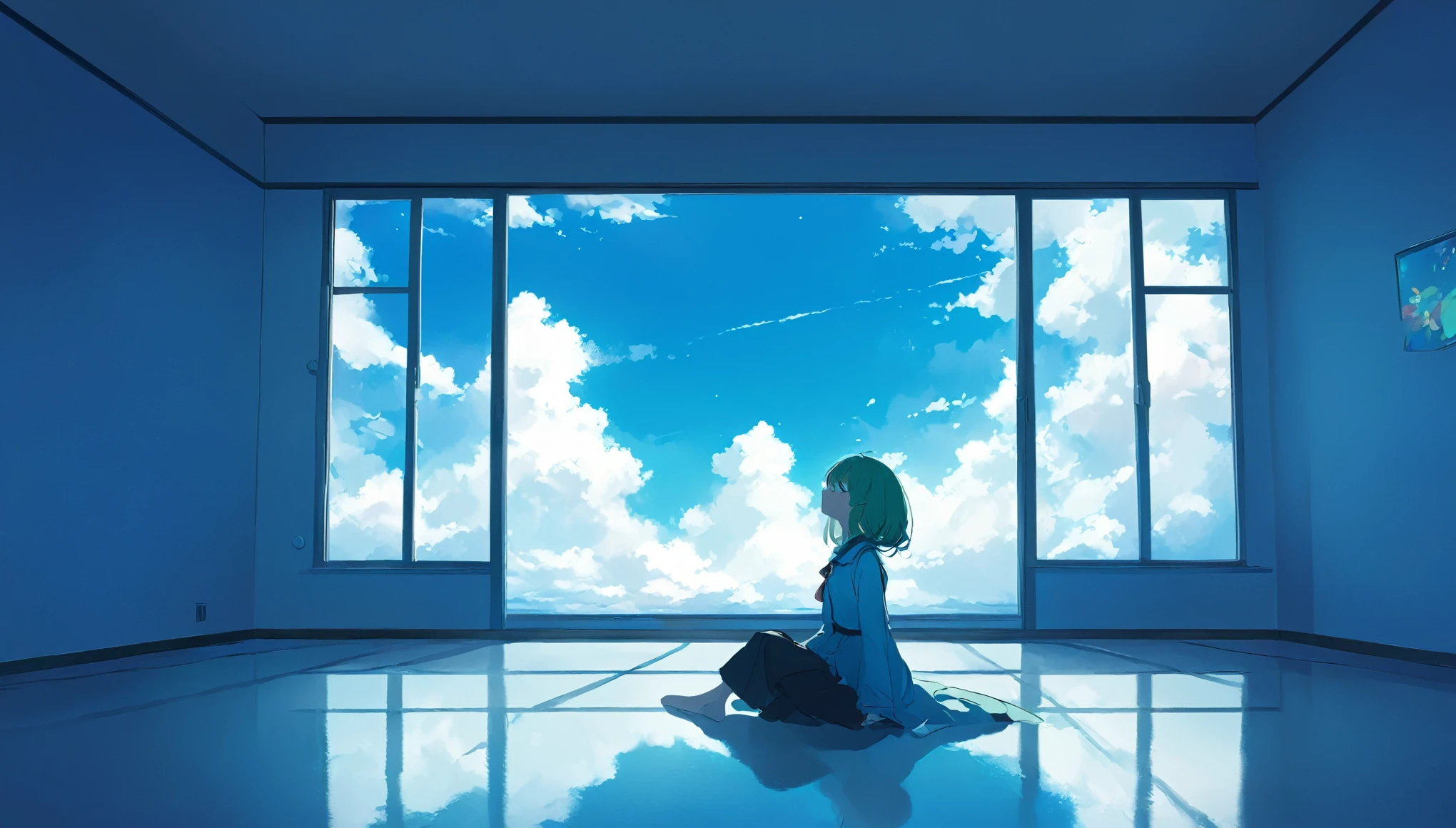 anime、A girl sits on the floor and looks out the window、 imaginary、Blue-green　