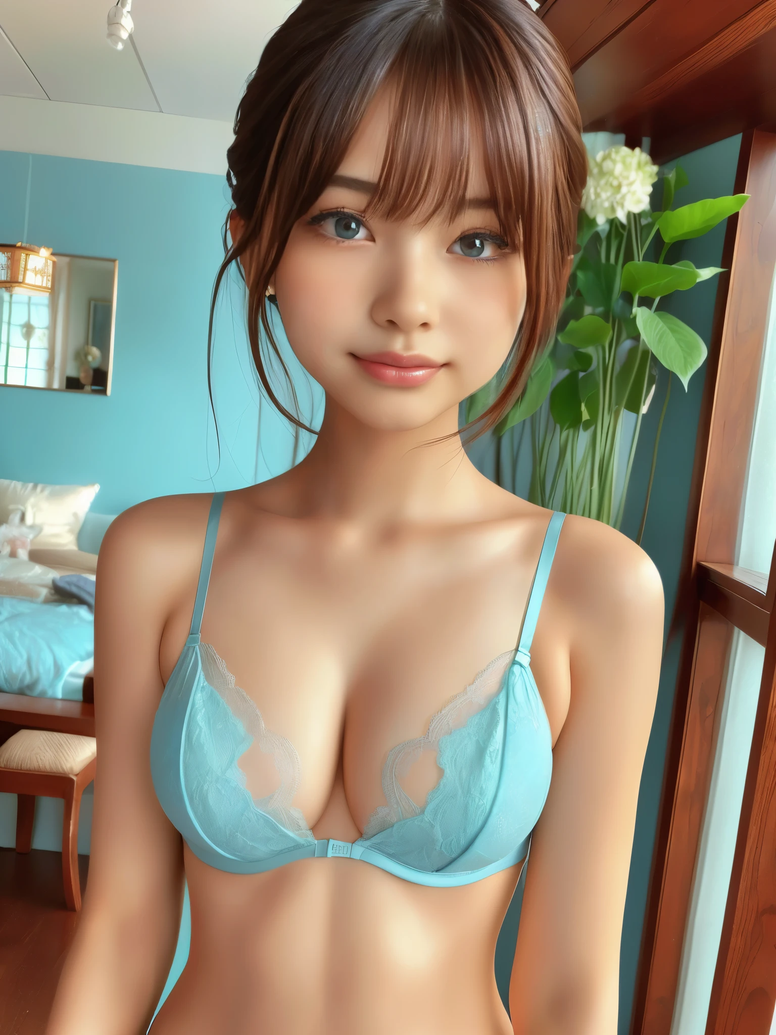 ( surreal), (Awareness-raising), ( Hi-Res), (64k), ( very detailed), (The best Awareness-raisingns), ( beautiful fine details), (Best Quality), (Super detailed), (masterpiece), ( wallpaper), (  detail face ), ( beautiful smile)、(Beautiful expression)、 Fluffy Medium Bob Cut Hair 、Bangs with earrings、Alone、((( cute Japanese beautiful girl)))、 (( beautiful 18 year old Japanese girl in light blue sexy lace lingerie))、 ((( Light Blue Luxurious Sexy Lace Bra )))、((( Light Blue Luxurious Sexy Lace Bikini Panties )))、( light blue sexy lace panties ))、((baby face))、(((Quite small bust、B Cup)))、( feet indoors:1.6)、((( feet :3.5!!!!))), ((Big Breasts))、Divided、 (((  charming body )))、 ( Slim Body )、 Sculpture model、 Graceful Posture、 Seductive Poses、(18+),  camera 、(((feetを広げるポーズ;3.0!!!)))、((Focus on the groin))、((( camel toe )))、 very cute smile with slightly visible teeth、Upper body shot