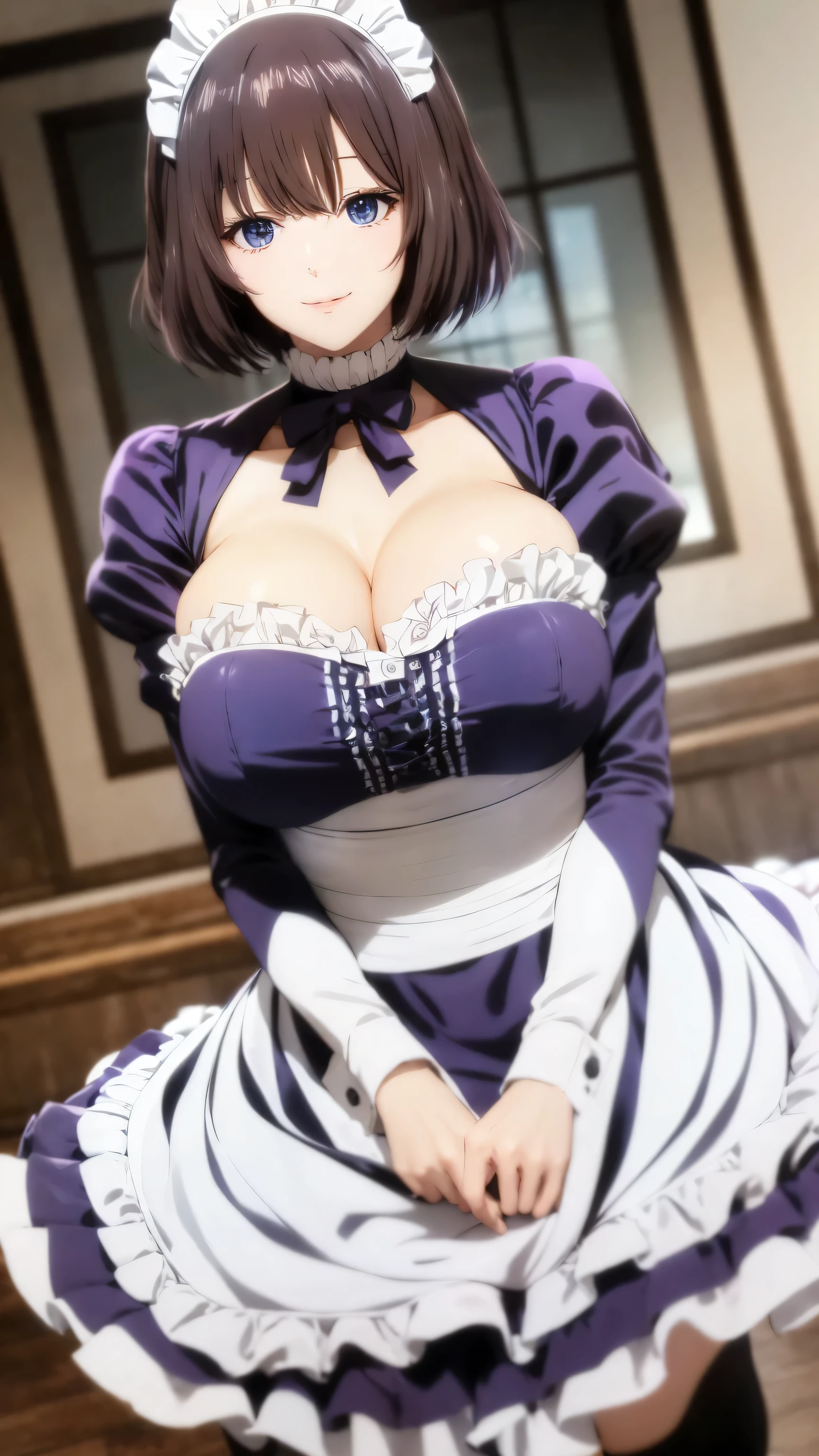 A happy maid woman beautiful big breasts beautiful sexy cute attractive big dark brown hair disheveled cut her light yellow eye big eyelashes purple maid top dresses shows her navel and dresses metallic purple maid skirt