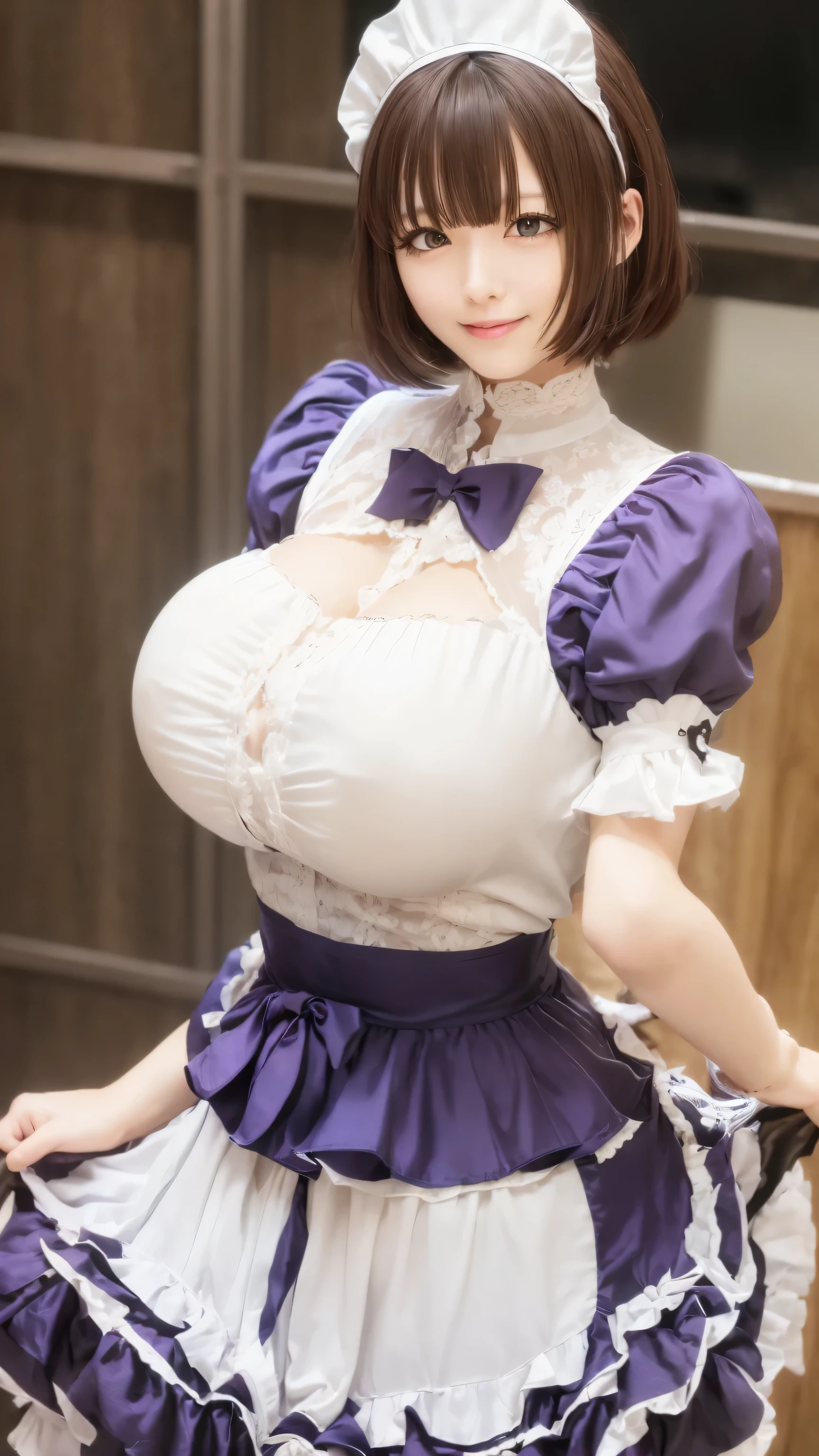 A happy maid woman beautiful big breasts beautiful sexy cute attractive big dark brown hair disheveled cut her light yellow eye big eyelashes purple maid top dresses shows her navel and dresses metallic purple maid skirt