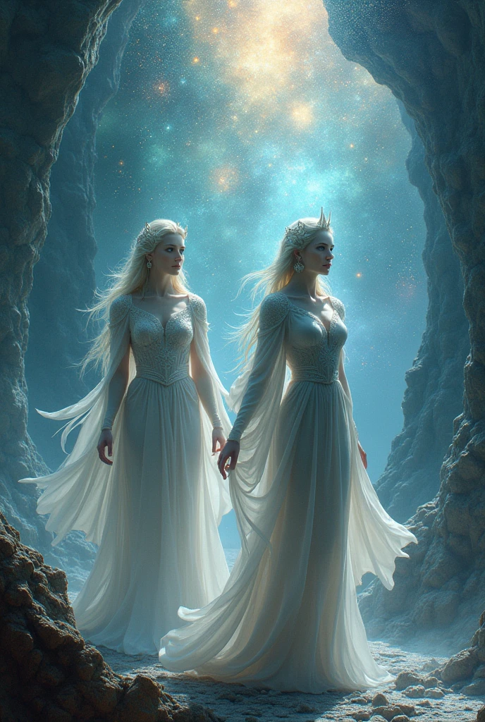 ((White wolf and girl)), (huge wolf), (huge white wolf guards a beautiful girl), movement, running forward, bending forward, blue eyes, the fur of the white wolf glows with silver sparks, (very young NSFW girl), NSFW, (girl ), lips parted, blue eyes, blonde girl, very long curly hair, transparent air dress, silver collar, silver belt, silver sandals, Orion Nebula background, starry sky background, two small moons, Orion Nebula, are on the star path. Andromeda Nebula Background, (masterpiece: 1.5) (photorealistic: 1.1) (bokeh), (the best quality) (Detailed skin texture, pores, hair: 1.1) (intricate) (8K) (HDR) (wallpaper) (cinematic lighting) (sharp focusing)