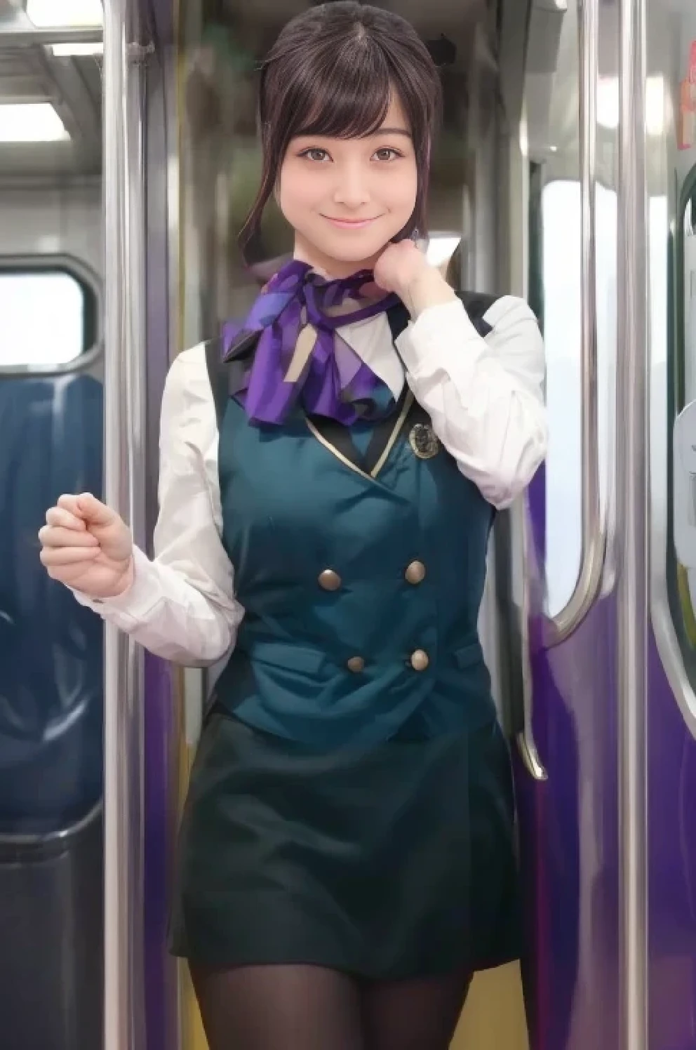 (masterpiece:1.2, Best Quality:1.2), 32kHDR,  kampala, (Alone、  1 girl)、（What is 、 Professional Lighting）、In-flight background、（Nankai Train crew uniformを着たリアルなスタイル）、（（  Nankai Train Crew Uniform Collarless Blouse Long Sleeve 、  Black Curled Culottes Skirt  、Scarf around the neck））、 Dark brown hair 、（ Long Hair、Hair tied up、Hair tied up）、 Dark brown hair 、 Long Hit 、Big Breasts、Thin legs、（（Great hands：2.0）），（（  harmonious body proportions ：1.5）），（（Normal limbs：2.0）），（（Usually refers to：2.0）），（（ DELICATE EYES FULL OF DECISION：2.0）），（（Normal eyes：2.0））)、smile、（Nankai Train crew uniformを着た美しい姿）、Cross your hands underneath