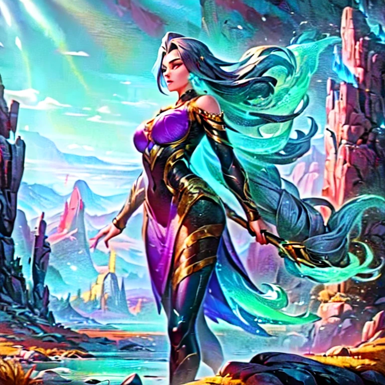 In the enchanting style of DeepBoru, a legendary girl stands poised in an expansive, mountainous valley. She possesses long, flowing hair that cascades dramatically around her shoulders, catching the sunlight. Her tight-fitting fighting suit is intricately designed, showcasing a blend of elegance and strength, adorned with vibrant colors and patterns that reflect her fierce spirit. In her hands, she wields an assortment of weapons, ready for any challenge that may arise. The backdrop features towering mountains and lush greenery, painted in rich, vivid hues, with a serene sky overhead, emphasizing the epic nature of her presence in this breathtaking landscape