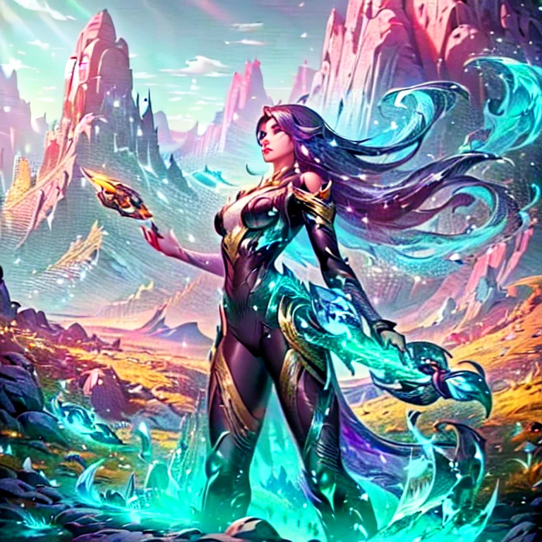 In the enchanting style of DeepBoru, a legendary girl stands poised in an expansive, mountainous valley. She possesses long, flowing hair that cascades dramatically around her shoulders, catching the sunlight. Her tight-fitting fighting suit is intricately designed, showcasing a blend of elegance and strength, adorned with vibrant colors and patterns that reflect her fierce spirit. In her hands, she wields an assortment of weapons, ready for any challenge that may arise. The backdrop features towering mountains and lush greenery, painted in rich, vivid hues, with a serene sky overhead, emphasizing the epic nature of her presence in this breathtaking landscape