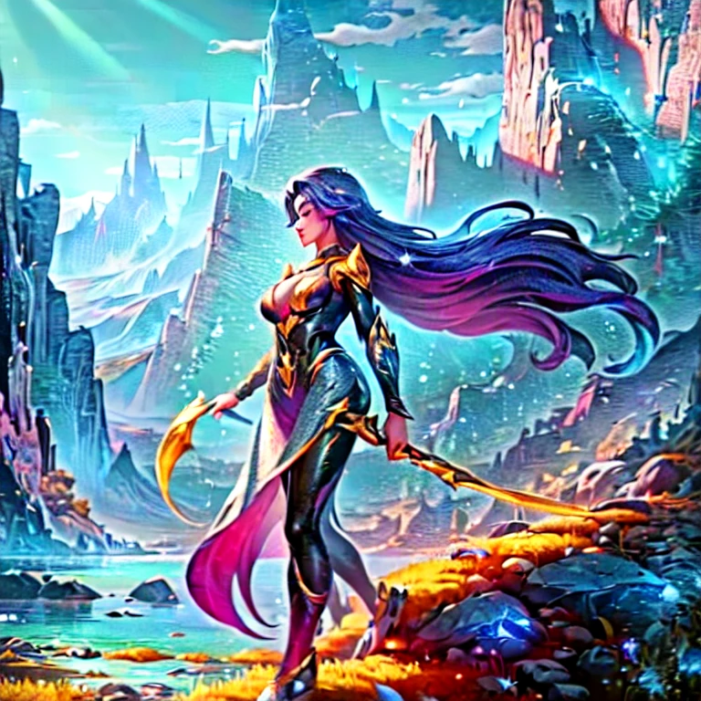 In the enchanting style of DeepBoru, a legendary girl stands poised in an expansive, mountainous valley. She possesses long, flowing hair that cascades dramatically around her shoulders, catching the sunlight. Her tight-fitting fighting suit is intricately designed, showcasing a blend of elegance and strength, adorned with vibrant colors and patterns that reflect her fierce spirit. In her hands, she wields an assortment of weapons, ready for any challenge that may arise. The backdrop features towering mountains and lush greenery, painted in rich, vivid hues, with a serene sky overhead, emphasizing the epic nature of her presence in this breathtaking landscape