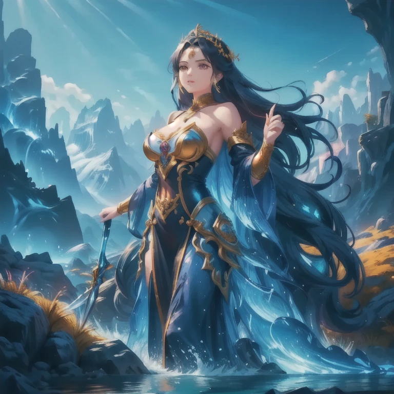 In the enchanting style of DeepBoru, a legendary girl stands poised in an expansive, mountainous valley. She possesses long, flowing hair that cascades dramatically around her shoulders, catching the sunlight. Her tight-fitting fighting suit is intricately designed, showcasing a blend of elegance and strength, adorned with vibrant colors and patterns that reflect her fierce spirit. In her hands, she wields an assortment of weapons, ready for any challenge that may arise. The backdrop features towering mountains and lush greenery, painted in rich, vivid hues, with a serene sky overhead, emphasizing the epic nature of her presence in this breathtaking landscape