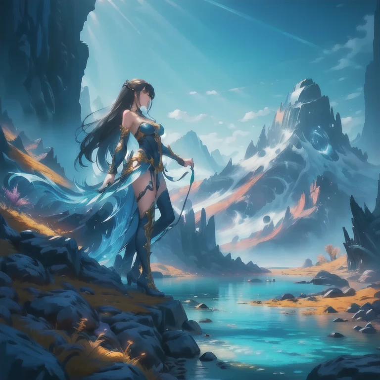 In the enchanting style of DeepBoru, a legendary girl stands poised in an expansive, mountainous valley. She possesses long, flowing hair that cascades dramatically around her shoulders, catching the sunlight. Her tight-fitting fighting suit is intricately designed, showcasing a blend of elegance and strength, adorned with vibrant colors and patterns that reflect her fierce spirit. In her hands, she wields an assortment of weapons, ready for any challenge that may arise. The backdrop features towering mountains and lush greenery, painted in rich, vivid hues, with a serene sky overhead, emphasizing the epic nature of her presence in this breathtaking landscape