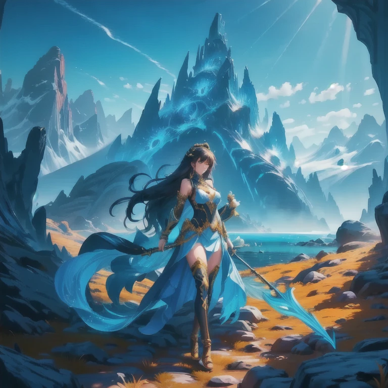 In the enchanting style of DeepBoru, a legendary girl stands poised in an expansive, mountainous valley. She possesses long, flowing hair that cascades dramatically around her shoulders, catching the sunlight. Her tight-fitting fighting suit is intricately designed, showcasing a blend of elegance and strength, adorned with vibrant colors and patterns that reflect her fierce spirit. In her hands, she wields an assortment of weapons, ready for any challenge that may arise. The backdrop features towering mountains and lush greenery, painted in rich, vivid hues, with a serene sky overhead, emphasizing the epic nature of her presence in this breathtaking landscape