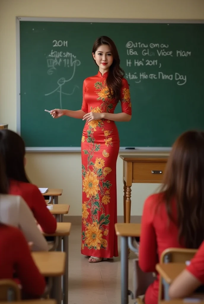 Vietnamese ao dai, aodai, Lisamy, full body view, standing on the long podium of the lecture, holding in his hand the chalk, below the students are listening intensively, close to the back is the board, with the words "Chuc mung ngay nha giao Viet Nam 20.11" Written in white chalk, in the classroom, a teacher, long legs