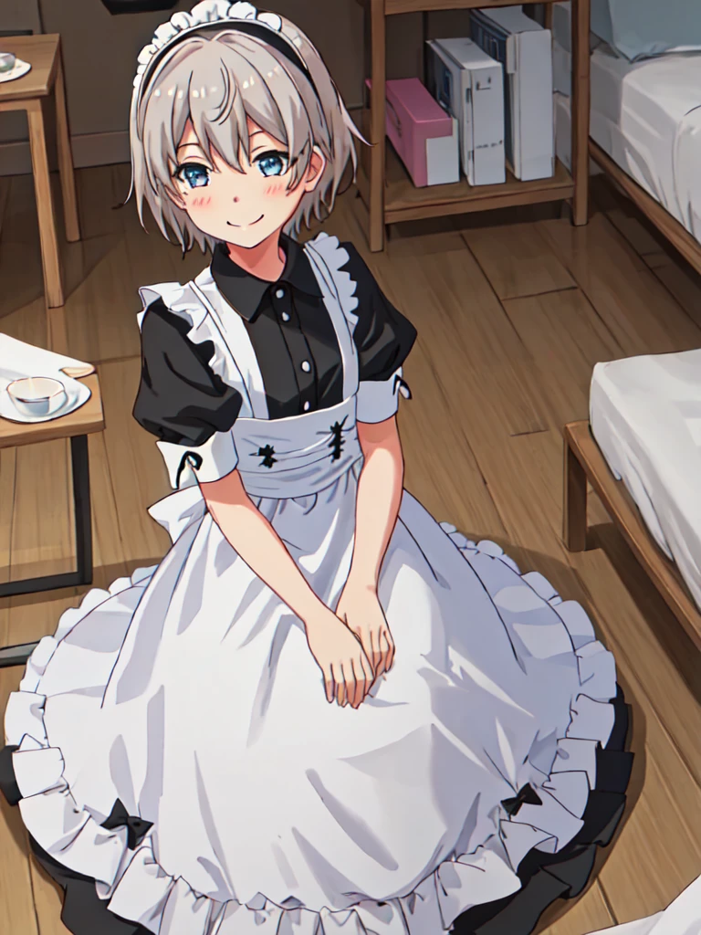 best quality, masterpiece, highres, solo, {maid:1.40}, {long maid dress:1.15}, {totsuka_saika_yahariorenoseishunlovecomewamachigatteiru:1.15}, grey_hair, short_hair, male_focus, blue_eyes, blush, smile