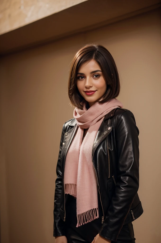 Photorealistic portrait, Armenian woman brown hair with long bob cut hairstyle, half-body capture, genuine smile showcases warmth and cheerfulness, skin aglow with sensitivity, face delicately touched by soft make-up and radiant red lipstick, attired in black leather jacket complementing her silhouette, paired with sleek skinny trousers and classic riding boots, accented by a tender pink scarf.