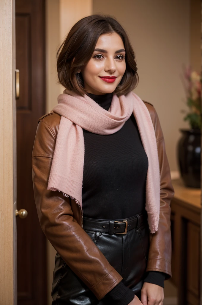 Photorealistic portrait, Armenian woman brown hair with long bob cut hairstyle, half-body capture, genuine smile showcases warmth and cheerfulness, skin aglow with sensitivity, face delicately touched by soft make-up and radiant red lipstick, attired in black leather jacket complementing her silhouette, paired with sleek skinny trousers and classic riding boots, accented by a tender pink scarf.