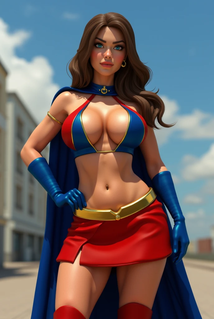 full body  sexy beautiful female superhero. light brown hair, tanned skin blue/green eyes wears a sleeveless blue and red midriff top with an opening on the front , wears a blue cape. wears long blue gloves, A red skirt with a golden belt . wears long red knee boots with a blue outline on the top. arrogant look on her face, natural lighting, Defined full lips.  feminine body (Superiora) (carly)