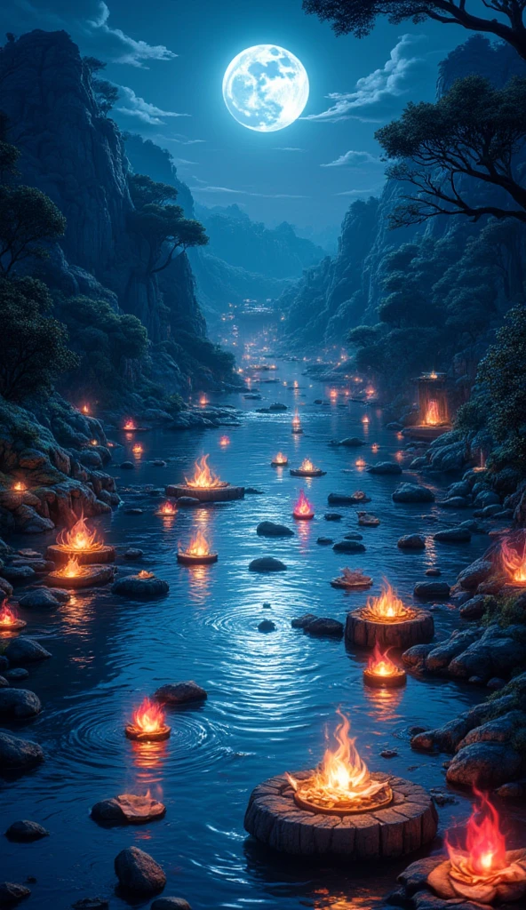 there is a river in the night there are floating lanterns, lanterns in many colors,  in its water, the moon is in the sky, reflected in the river 