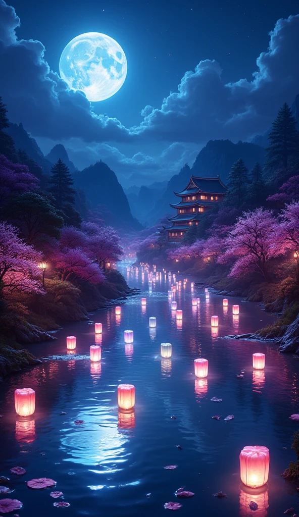 there is a river in the night there are floating lanterns, lanterns in many colors,  in its water, the moon is in the sky, reflected in the river, there is  Japanese castle near the river, hyp3rd3tail style,