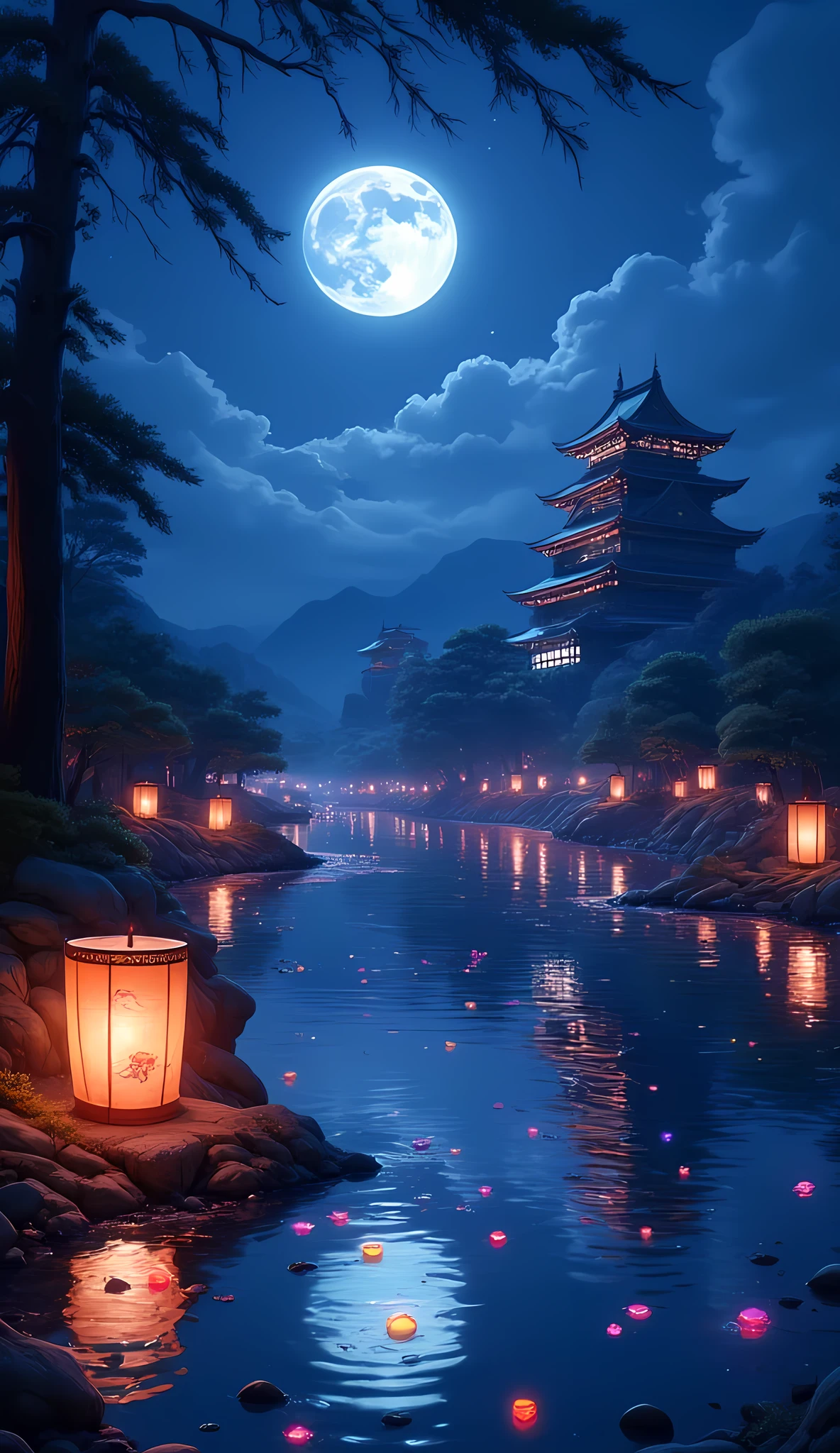 there is a river in the night there are floating lanterns, lanterns in many colors, in its water, the moon is in the sky, reflected in the river, there is Japanese castle near the river