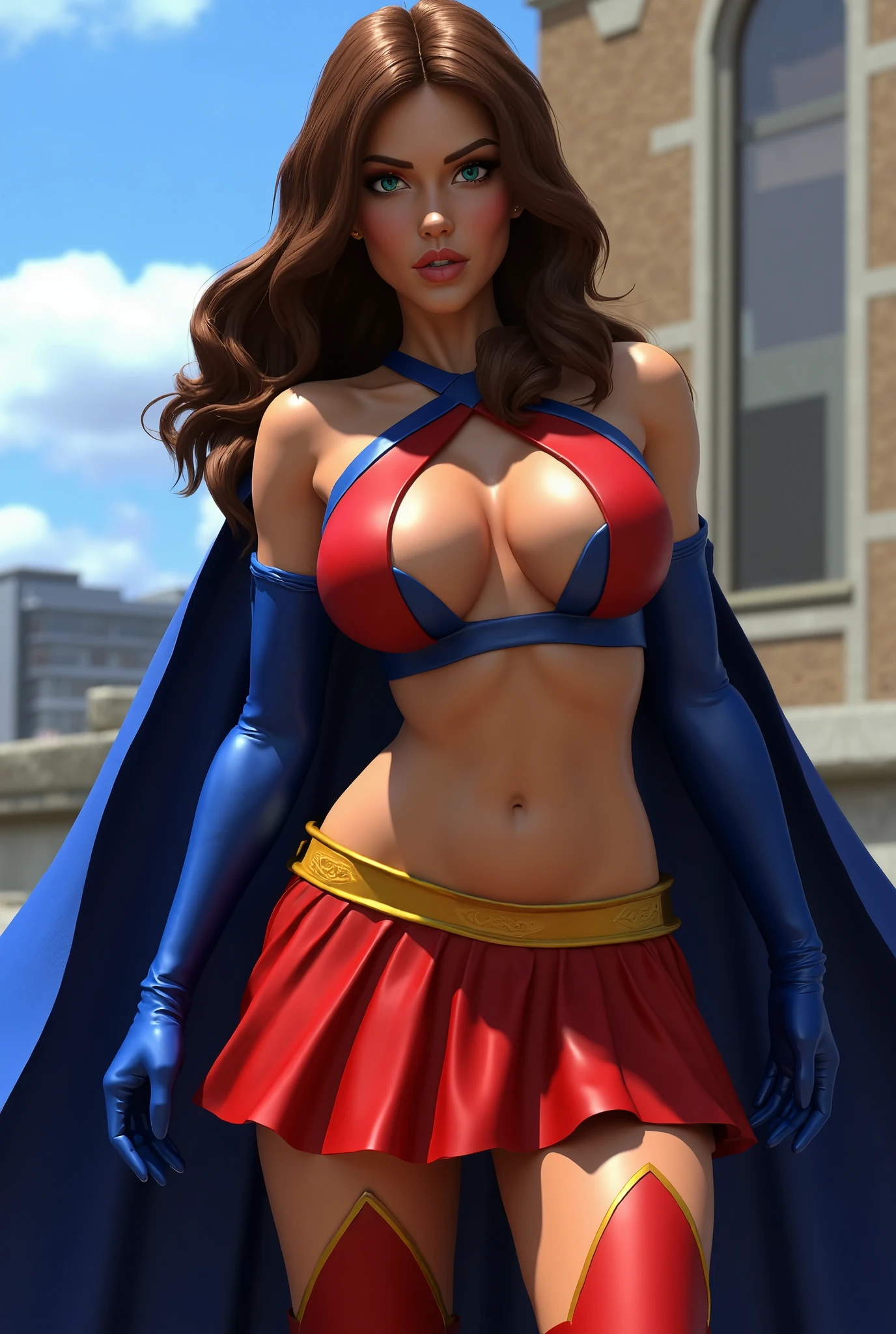 full body  sexy beautiful female superhero. light brown hair, tanned skin blue/green eyes wears a sleeveless blue and red midriff top with an opening on the front , wears a blue cape. wears long blue gloves, A red skirt with a golden belt . wears long red knee boots with a blue outline on the top. arrogant look on her face, natural lighting, Defined full lips.  feminine body (Superiora) (carly)