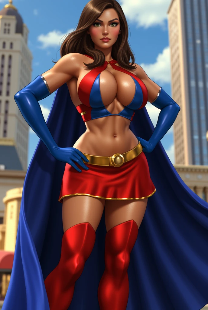 full body  sexy beautiful female superhero. light brown hair, tanned skin blue/green eyes wears a sleeveless blue and red midriff top with an opening on the front , wears a blue cape. wears long blue gloves, A red skirt with a golden belt . wears long red knee boots with a blue outline on the top. arrogant look on her face, natural lighting, Defined full lips.  feminine body (Superiora) (carly)