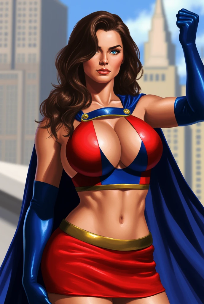 full body  sexy beautiful female superhero. light brown hair, tanned skin blue/green eyes wears a sleeveless blue and red midriff top with an opening on the front , wears a blue cape. wears long blue gloves, A red skirt with a golden belt . wears long red knee boots with a blue outline on the top. arrogant look on her face, natural lighting, Defined full lips.  feminine body (Superiora) (carly)