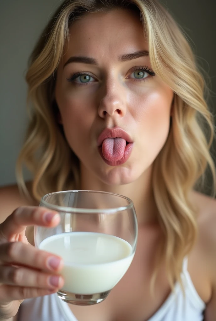 A stunning young woman in her early 20s, captured in an intimate close-up from a cowboy shot viewpoint. Her eyes sparkle with mischief and satisfaction as they lock onto the camera lens, a hint of a smirk playing on her lips. Thick milk froth clings to her upper lip, extending slightly into her perfectly arched eyebrows, creating an alluring contrast against her glowing skin. The corner of her mouth is adorned with a delicate string of milk droplets, gently clinging before they fall, emphasizing the soft pinkness of her full, slightly parted lips. Her hair, a wild tumble of chestnut waves, frames her face, with a few strands straying to kiss the froth, giving the scene a playful, natural feel. The lighting casts a warm, ethereal glow, highlighting the freshness and purity of the moment. The background is a soft blur, drawing the viewer's focus entirely to her youthful beauty and the innocent yet sensual act of enjoying a creamy beverage. The scene exudes a sense of spontaneity and carefree joy, inviting the observer to share in the delightful, whimsical experience she's having.