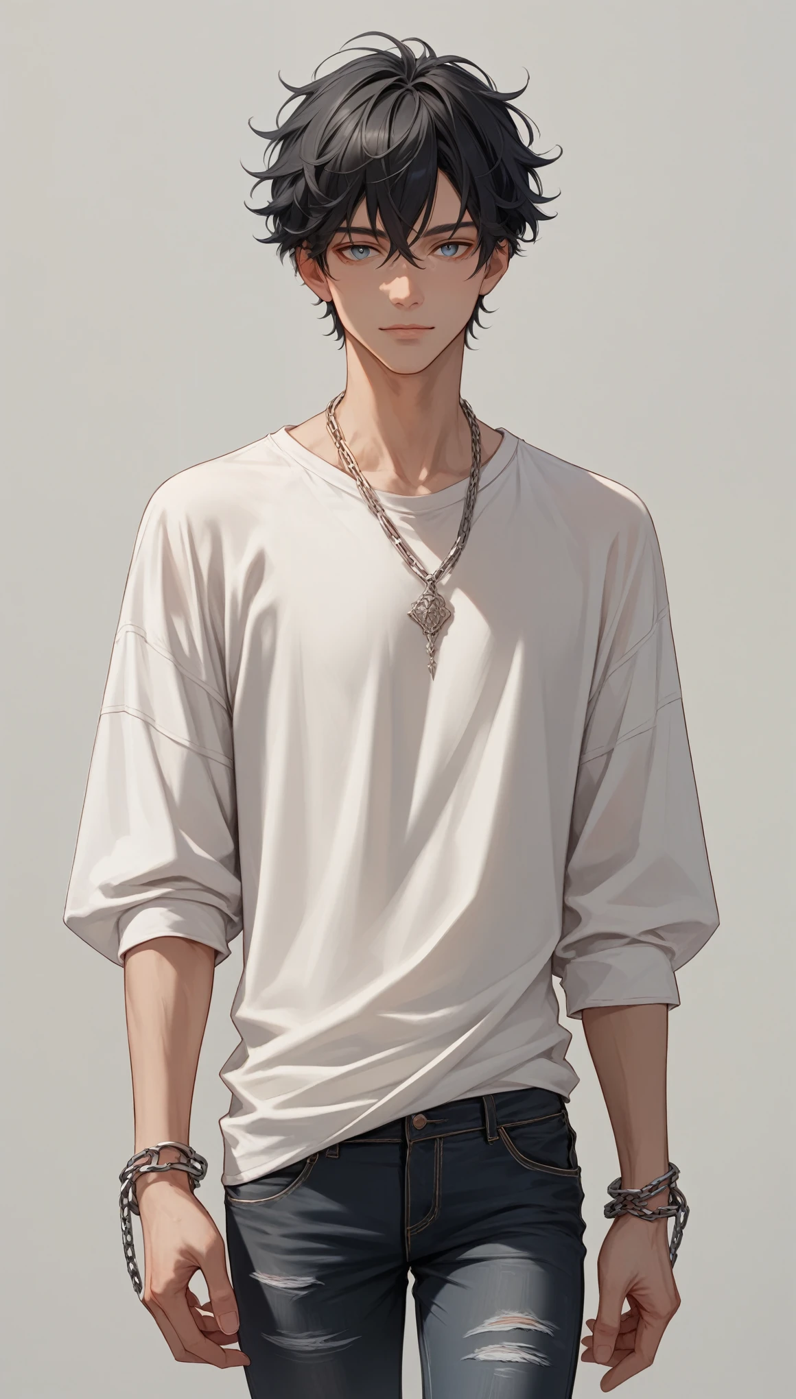 Izayoi Seishin artstyle, (score_9, score_8_up, score_7_up), (best quality, masterpiece),perfect anatomy,(aesthetic,very aesthetic),official style, (ultra-high resolution), 1boy, messy black hair, white long sleeved shirt, chain around the sleeve, baggy black jeans