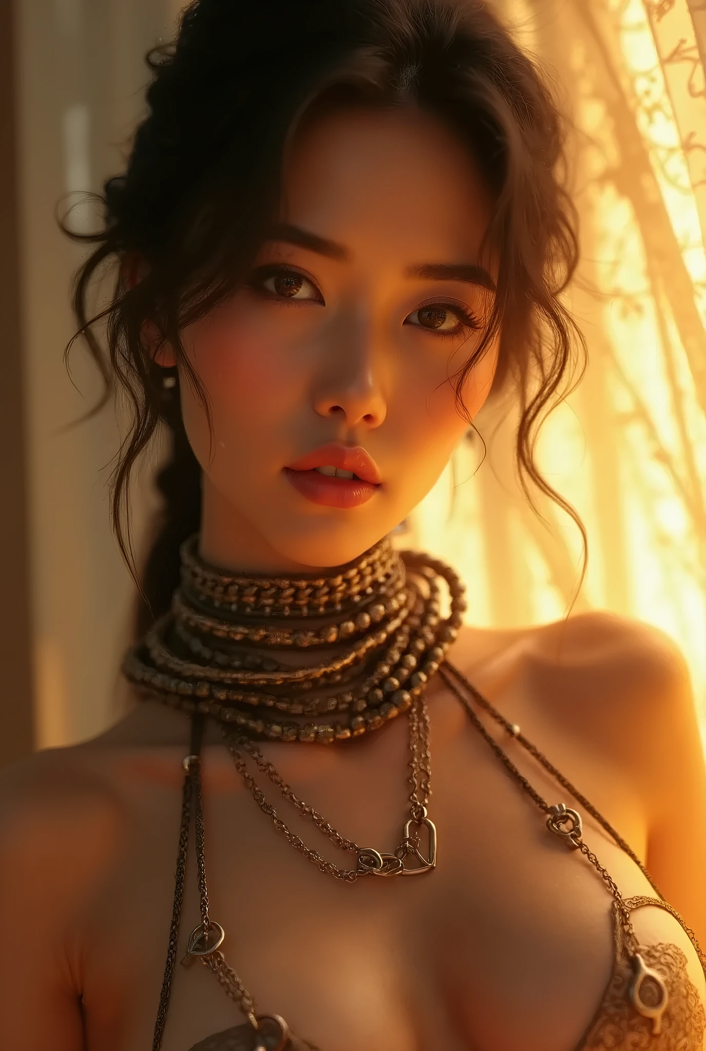 Best Quality, masterpiece, High resolution, 1 girl, totally naked, big boobs, excited, Hair Accessories, collar, jewelry, beautiful face, in the body, Tyndall effect, realist, Dark studio, Edge lighting, Two tone lighting, (high detailed leather: 1.2), 8k UHD, DSLR, luz outfit, high quality, volumetric light, Sincere, Photo, High resolution, 4k, 8k, background blur,