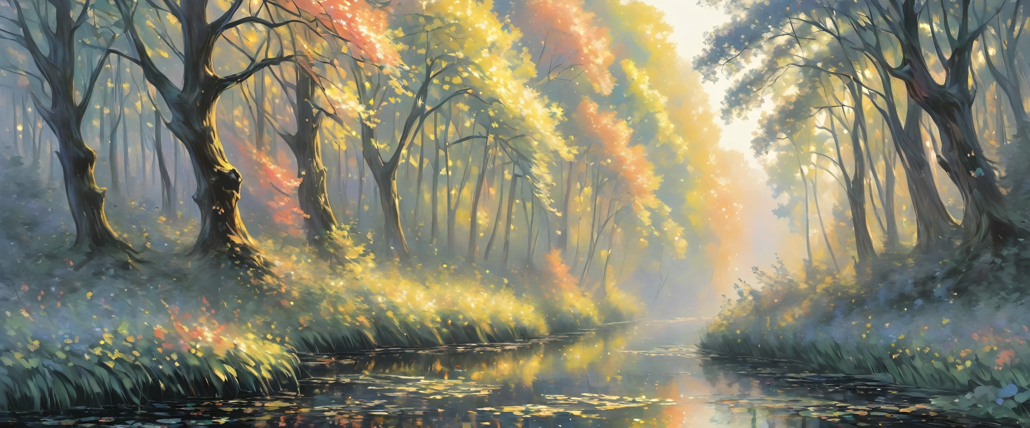 digital art,forest,Landscape painting,painting,forestforest,beautifulforest,weak light,Tyndall effect,masterpiece,Oil paints,intricate details,T-Masterpiece,Inspiration,beautiful,rendering,masterpiece,masterpiece,Art work using light,Artistic,get used to it,Microparticles,flame,stream,Morning haze,early morning,,Gradation,masterpiece,masterpiece,highest quality,rendering,rich colors,colorful,dream-like,Detailed details,In detail,,bright colors,beautiful,magic,dream-like,Inspiration,beautiful,rendering,colorful,wonderful,particles of light,get used to it,masterpiece,masterpiece,Art work using light,Artistic,get used to it,Tyndall effect