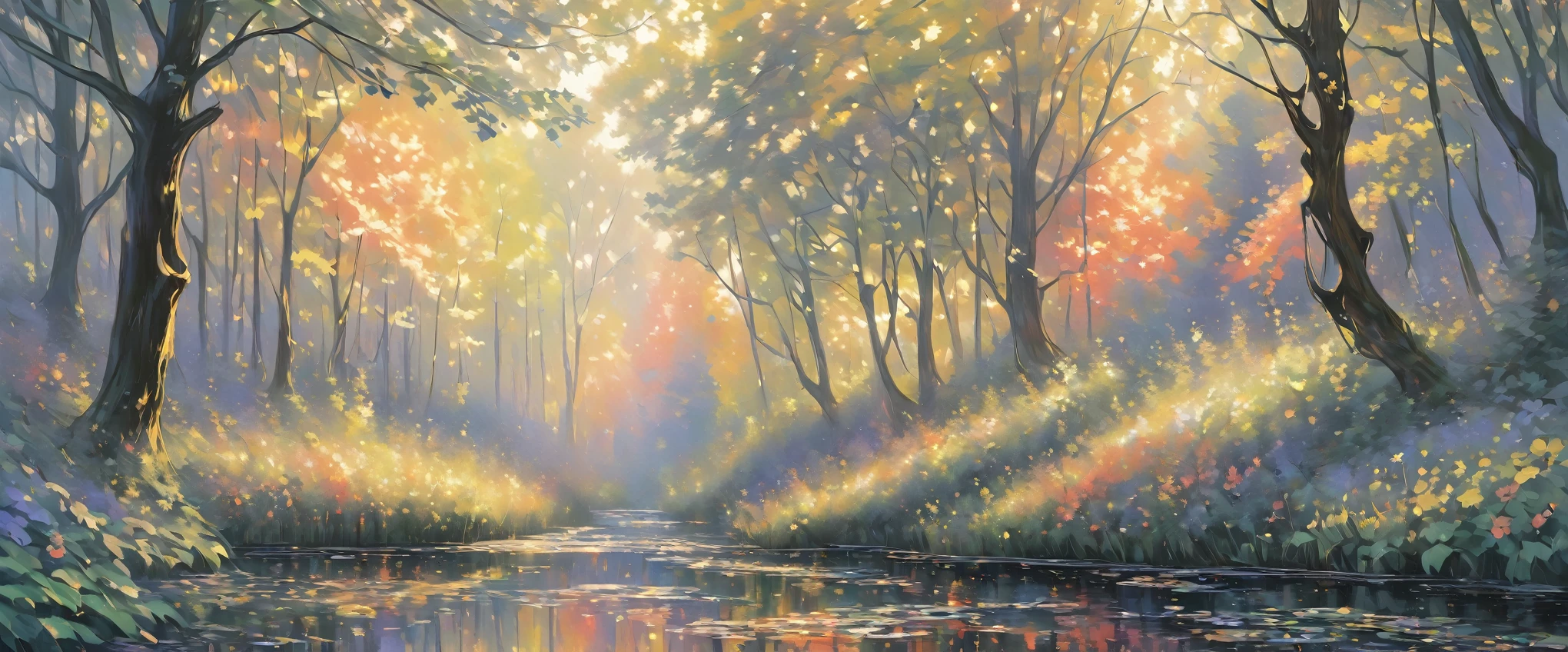 digital art,forest,Landscape painting,painting,forestforest,beautifulforest,weak light,Tyndall effect,masterpiece,Oil paints,intricate details,T-Masterpiece,Inspiration,beautiful,rendering,masterpiece,masterpiece,Art work using light,Artistic,get used to it,Microparticles,flame,stream,Morning haze,early morning,,Gradation,masterpiece,masterpiece,highest quality,rendering,rich colors,colorful,dream-like,Detailed details,In detail,,bright colors,beautiful,magic,dream-like,Inspiration,beautiful,rendering,colorful,wonderful,particles of light,get used to it,masterpiece,masterpiece,Art work using light,Artistic,get used to it,Tyndall effect