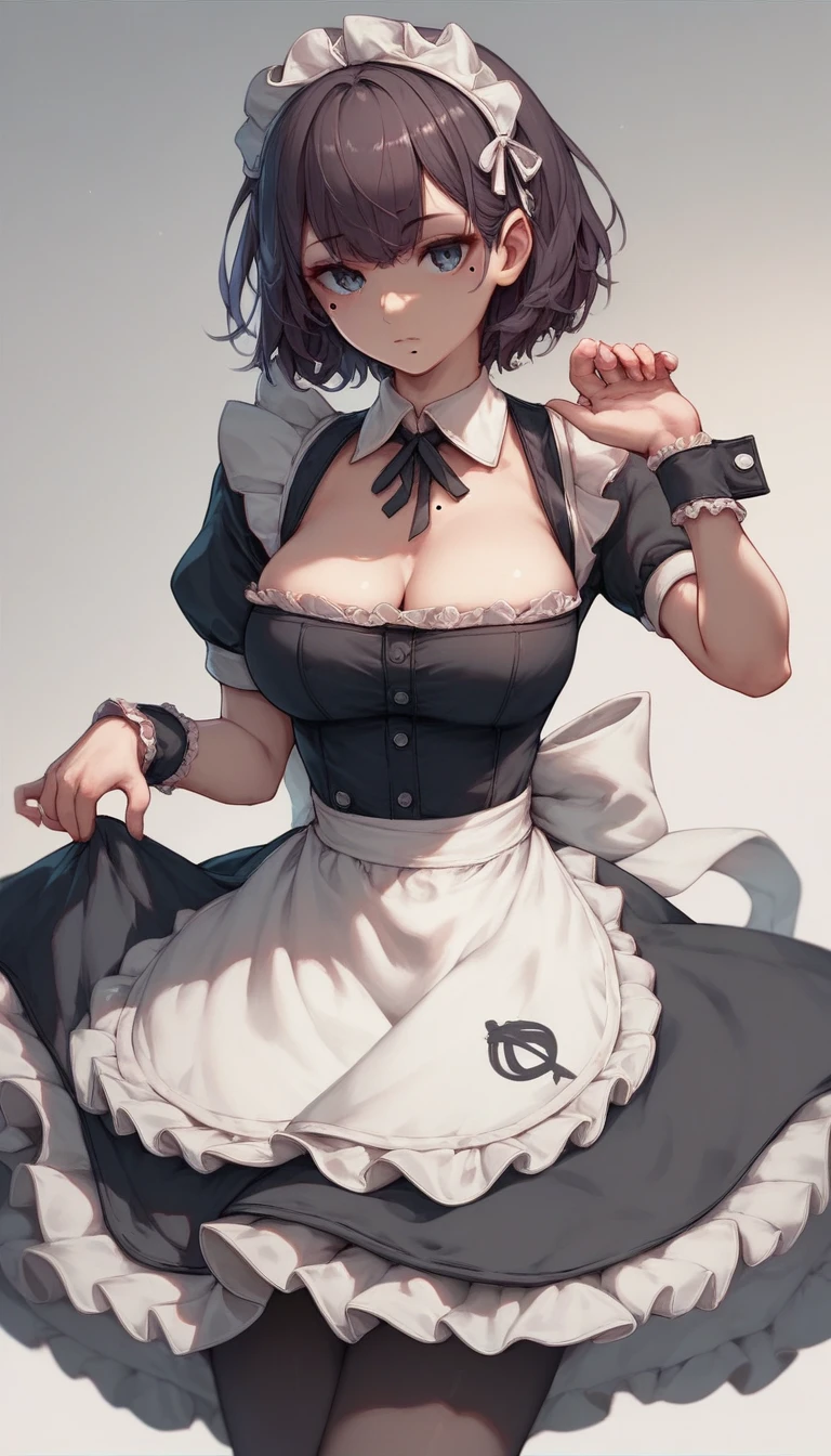  1 girl,ellen_,Maid_head dress,black_ dress,wrist_cuffs, is puffy_short_sleeves,mole_Down_eye,big_breast,Frilled_ dress,black_ Pantyhose, medium_breast