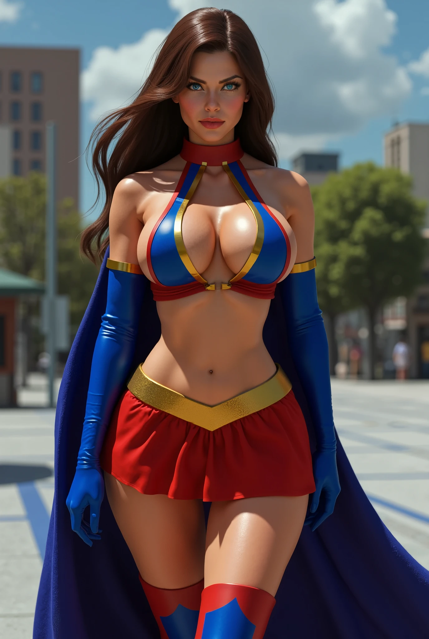 full body  sexy beautiful female superhero. light brown hair, tanned skin blue/green eyes wears a sleeveless blue and red midriff top with an opening on the front , wears a blue cape. wears long blue gloves, A red skirt with a golden belt . wears long red knee boots with a blue outline on the top. arrogant look on her face, natural lighting, Defined full lips.  feminine body (Superiora) (carly)