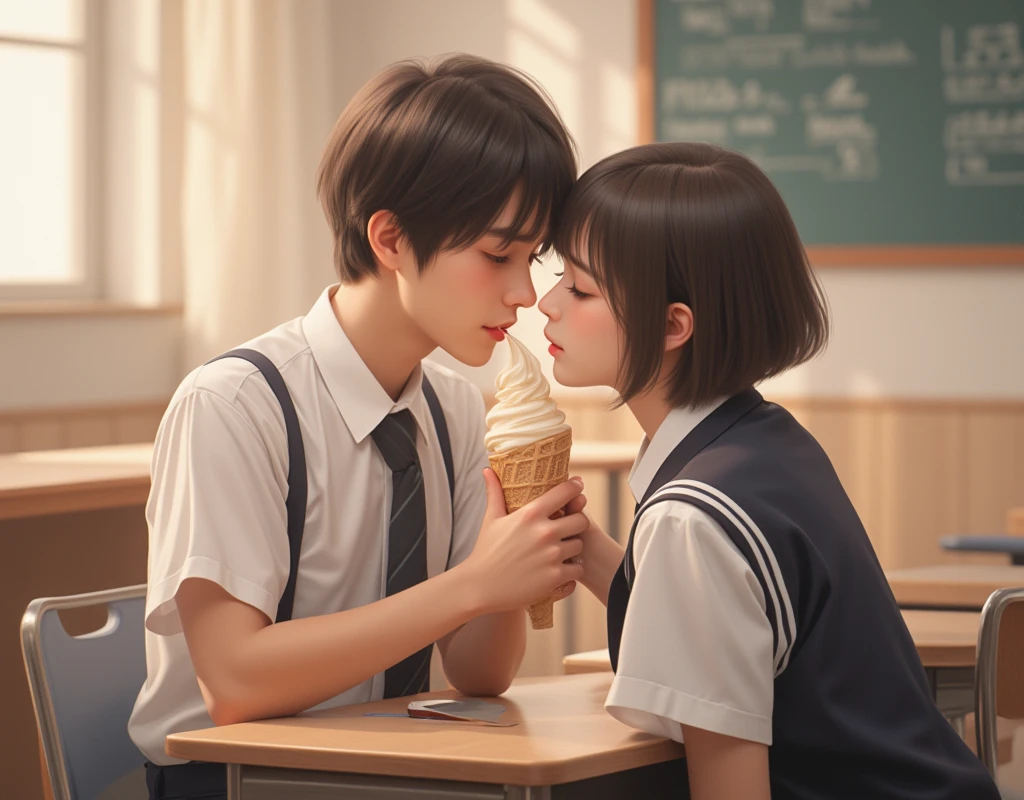 whole body、High school classroom、 short hair、A male student and a female student are licking one soft serve ice cream together、lover、 love love、 chair during my trip to Spain、 beautiful girls、Handsome boy 、 wearing a high school uniform 、smile、