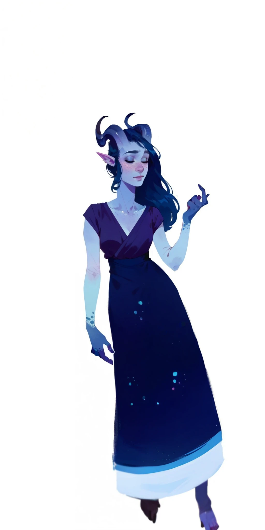 score_9, score_8_up, score_7_up, 1girl, tiefling woman, grey skin with violet undertones, delicate small black horns, pointed ears, Tranquil, Peaceful, skin patterns, blemishesand freckles, serenity, dark, night, view high from above, dynamic angle.