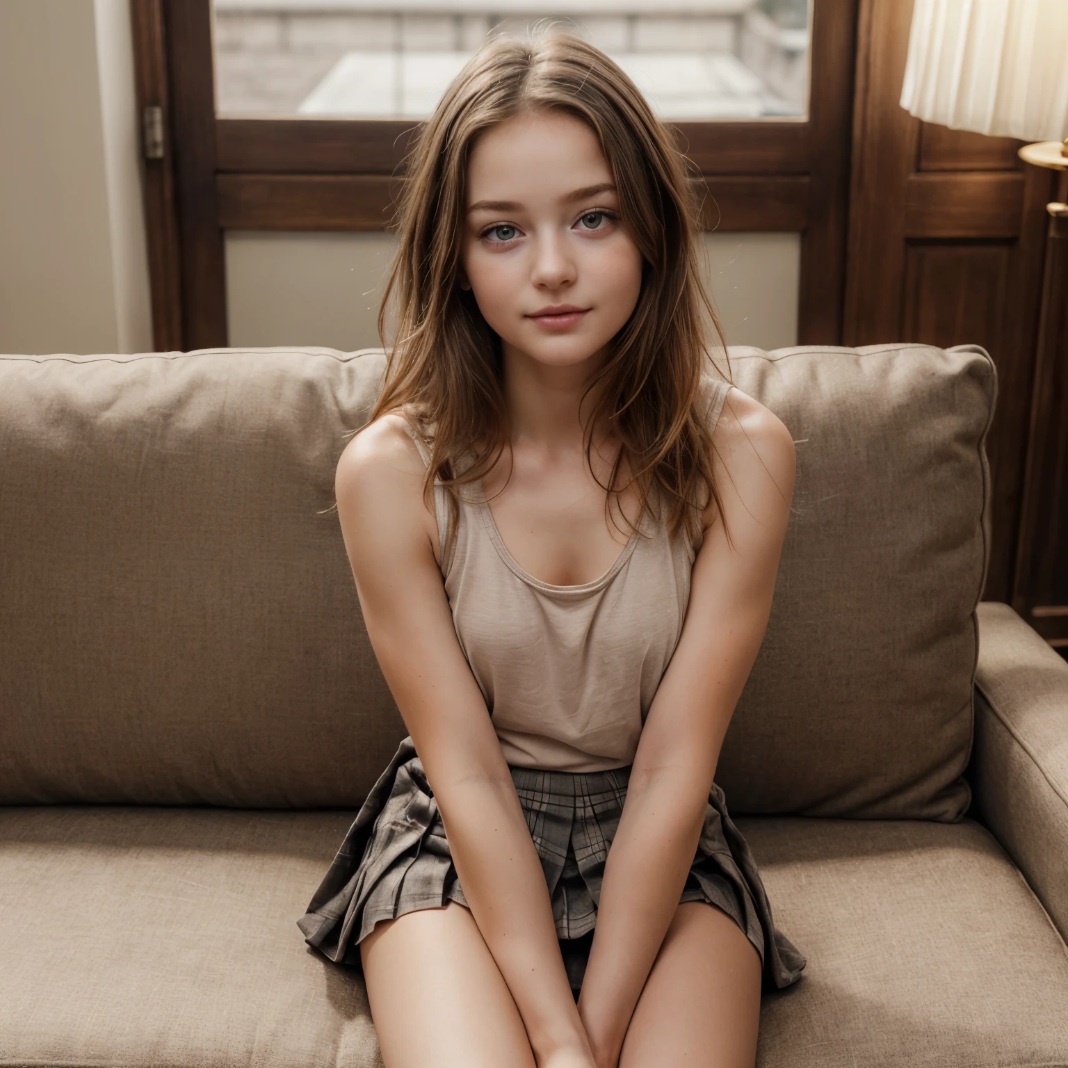 (full body photoss),The  (exceptionally cute baby face) McKenzie Foy sits patiently on the worn sofa, her ((dark tank top and pleated skirt accentuating her petite, youthful frame)). Her delicate features, framed by loose curls, exude a captivating innocence, hinting at the depth of character to come. 

masterpiece, best quality, intricate details, incredible detail, perfect lighting, perfect face, (anatomically correct),(accurate),skin texture, ultra high res, RAW, ultra-detailed, ultra high resolution, RAW, 4k, extremely detailed eyes and face, (beautiful detailed nose), (beautiful detailed thigh), (beautiful detailed eyes)