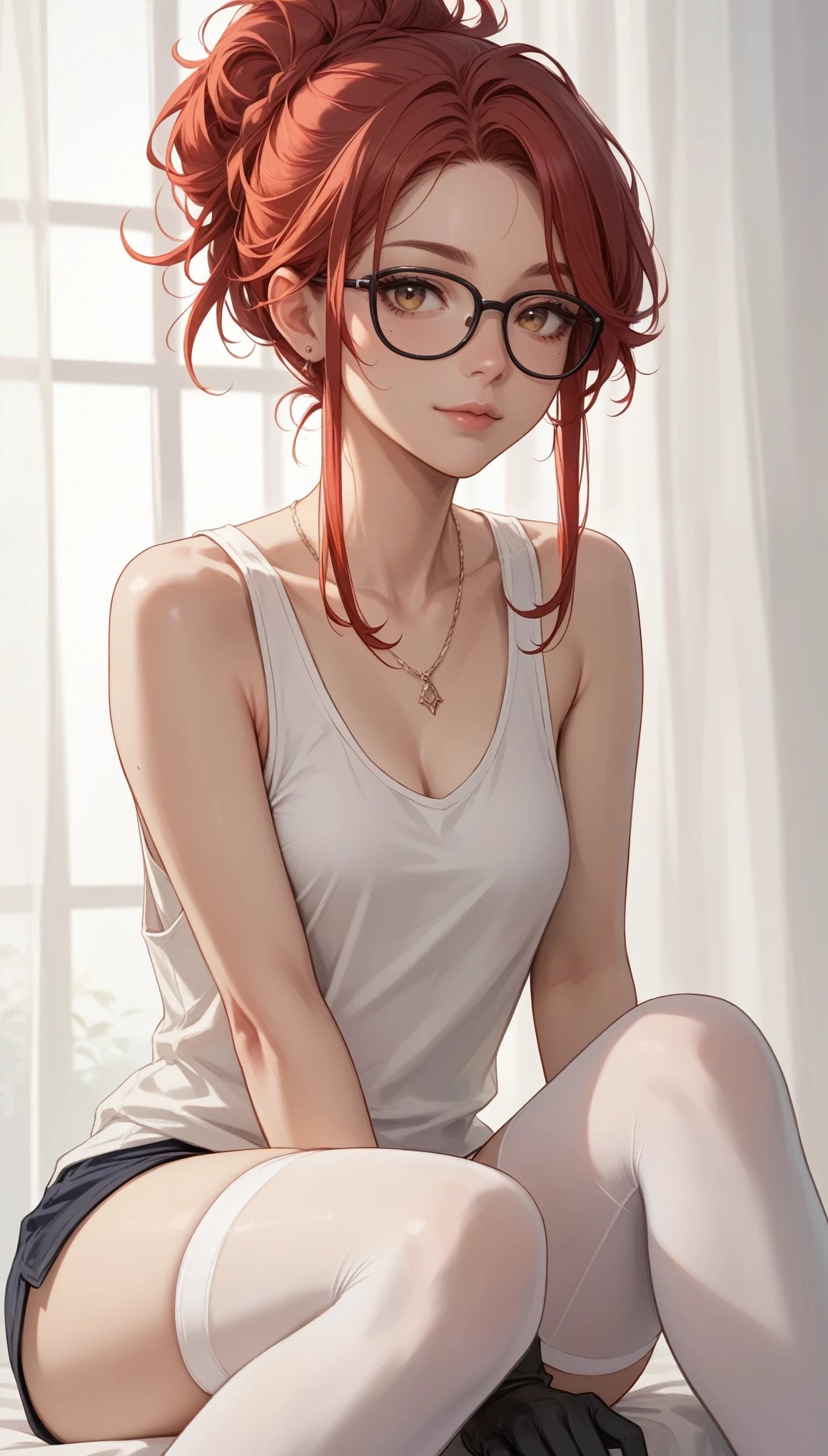 Izayoi Seishin artstyle, (score_9, score_8_up, score_7_up), (best quality, masterpiece),perfect anatomy,(aesthetic,very aesthetic),official style, (ultra-high resolution), 1girl, red hair in a messy updo with loose strands, black glasses, white tank top, knee high white stockings, long Black gloves, playful and cute appearance