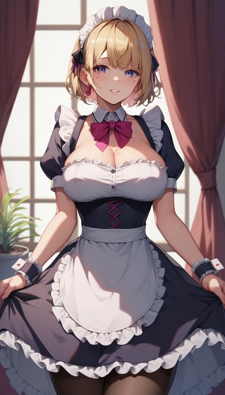  1 girl,ellen_,Maid_head dress,black_ dress,wrist_cuffs, is puffy_short_sleeves,mole_Down_eye,big_breast,Frilled_ dress,black_ Pantyhose, medium_breast