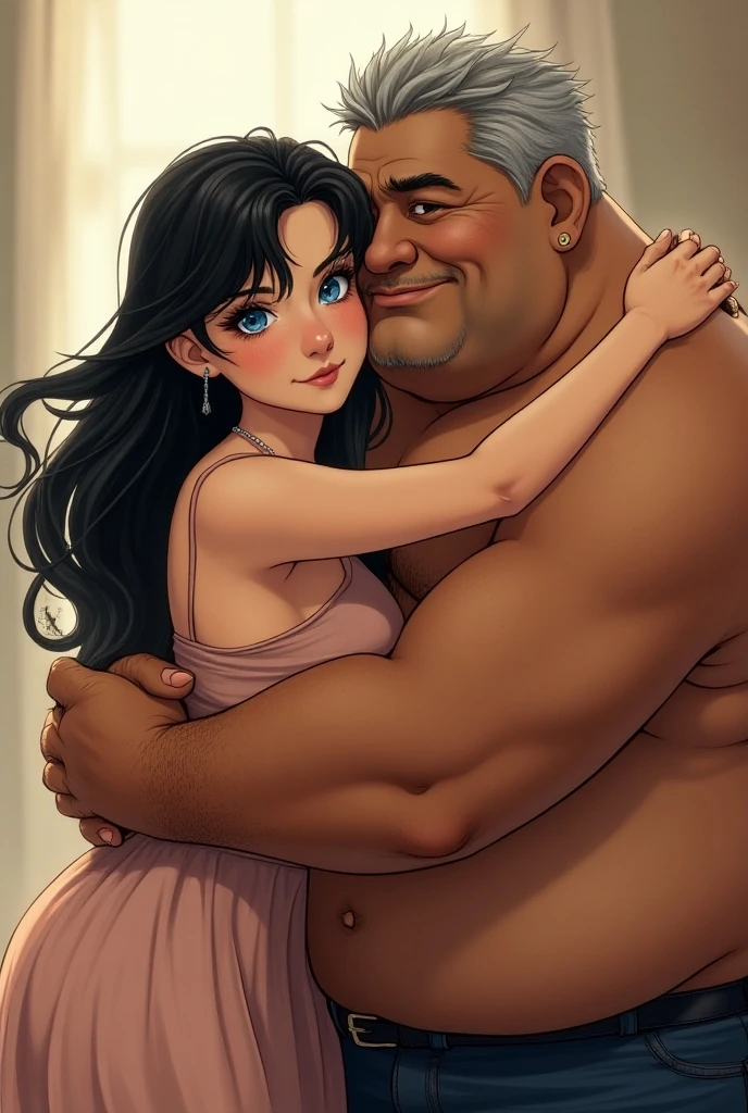 Hot sexy beautiful milf kissing with ugly fat old man ,big breasts, glossy lipstick,silky black hair, silver jhumka earrings,makeup, black,blush,hair ponytail , smiling, necklace ,manhwa style ,naked,oily skin