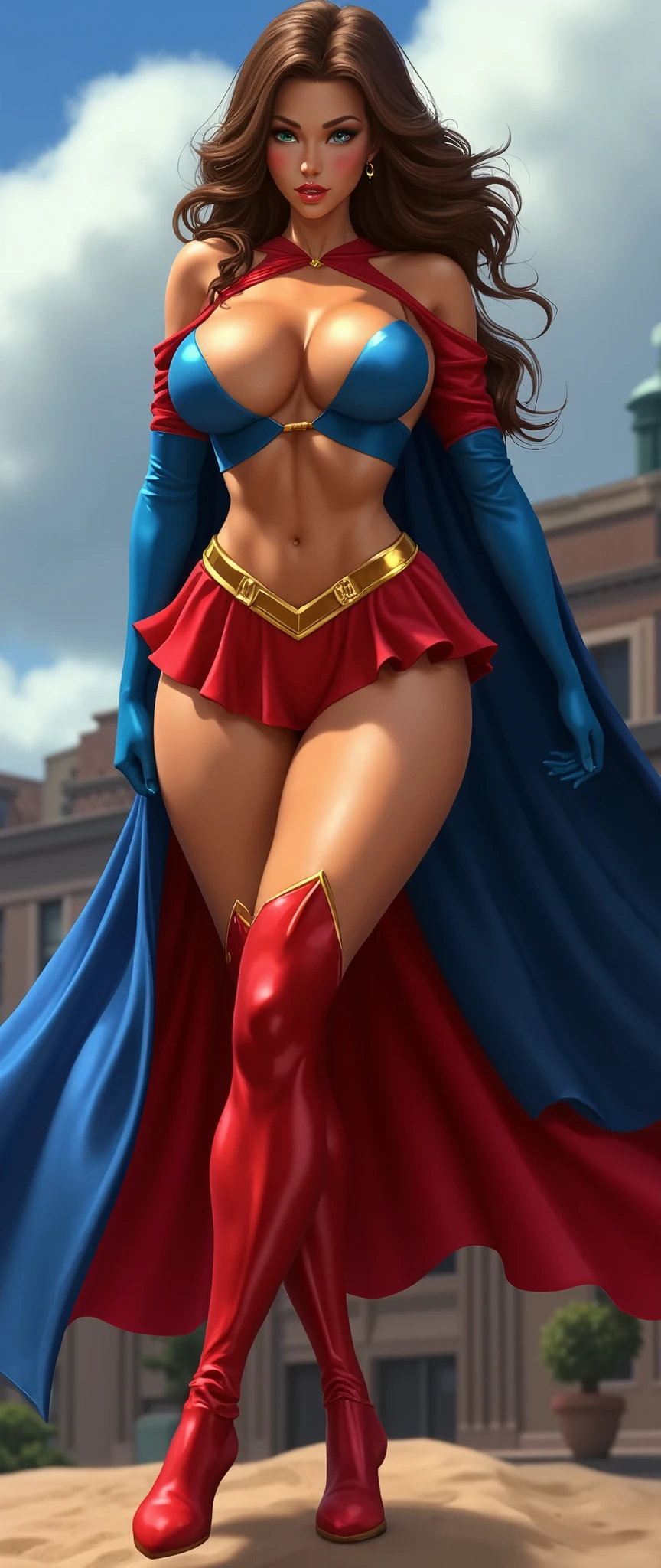 full body  sexy beautiful female superhero. light brown hair, tanned skin blue/green eyes wears a sleeveless blue and red midriff top with an opening on the front , wears a blue cape. wears long blue gloves, A red skirt with a golden belt . wears long red knee boots with a blue outline on the top. arrogant look on her face, natural lighting, Defined full lips.  feminine body (Superiora) (carly)