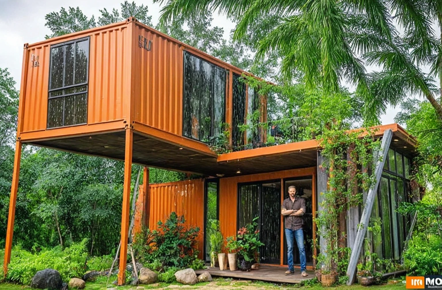 Raw photo,Masterpiece, high quality, best quality, authentic, super detail, exterior, outdoor, This image shows a modern house constructed from shipping containers. The design features two large containers arranged in an unconventional layout, with one container stacked horizontally on top of another at an angle. The containers have an unfinished, rustic look, with some visible rust and open sections that would likely serve as windows and doors. The house is set in a natural outdoor environment, with trees and a single tall palm tree nearby. The structure is elevated slightly off the ground, with support beams beneath the containers. The overall appearance is industrial, with an innovative use of containers for a unique architectural style.(sunset:1.2) (lightnight:1.2) vivid colour, (realistic:1.2),(rain:2.3)