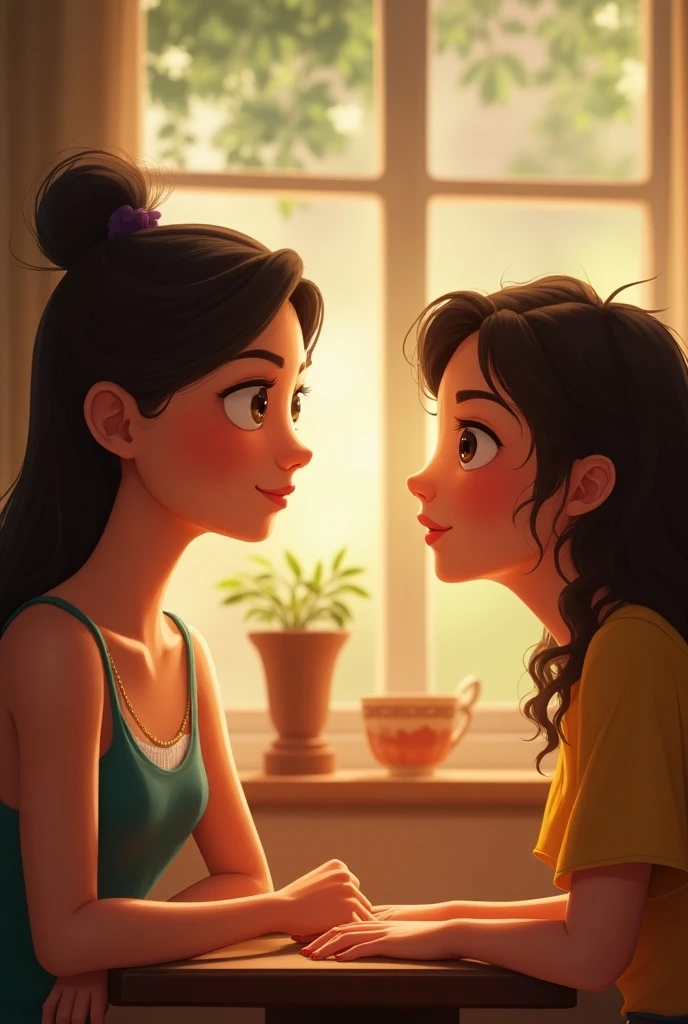 woman talking to another woman in pixar style in 3D