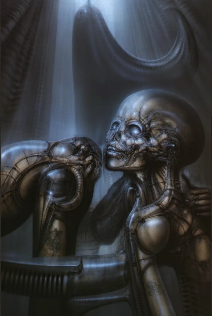 H. R. Giger's g1g3r, , The image  is a classic piece of biomechanical art by H.R. Giger. , couple , (Triadic:1.1), (Proportion:1.1),  , (Reflected light:1.2), , ultra detailed, intricate,, dry b (best quality:1.4), H.R. GIGER,  BY GIGER