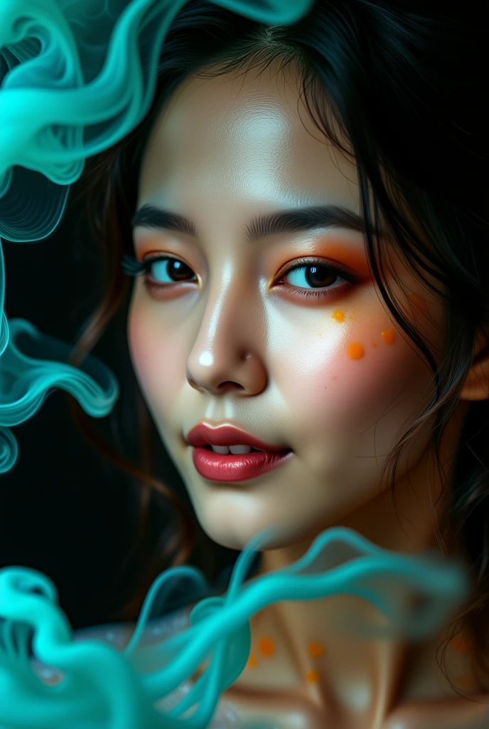 A very realistic photograph of an Asian woman's upper body close-up, her face slender, with a softbox illuminating the woman's face and revealing the detailed texture of her skin and eyelashes. (A swirling, turquoise and orange bi-toned mist envelops her in its entirety: 1.8). Her eyes gaze flirtatiously into the camera, she is smiling and her mouth is slightly open, the studio setting contrasts with the woman's realistic skin texture (turquoise and orange bi-toned mist: 1.5) and provides an infinitely dark backdrop. Her features are highlighted by the gentle light, while the mysterious bi-toned mist creates an otherworldly atmosphere. (turquoise and orange bi-toned mist fills the screen: 1.8), pitch black background