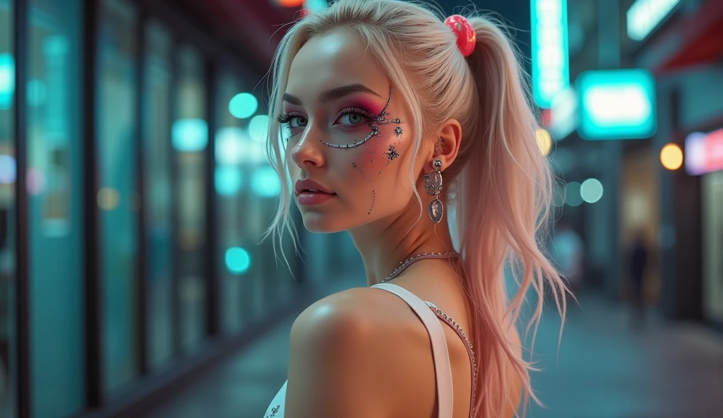 (8k, best quality, masterpiece:1.2),(best quality:1.0), (ultra highres:1.0), pencil colors, Pamela Anderson, shoulder, hair ribbons, by agnes cecile, full body photography, extremely luminous bright design, pastel colors, (ink:1.3), autumn lights