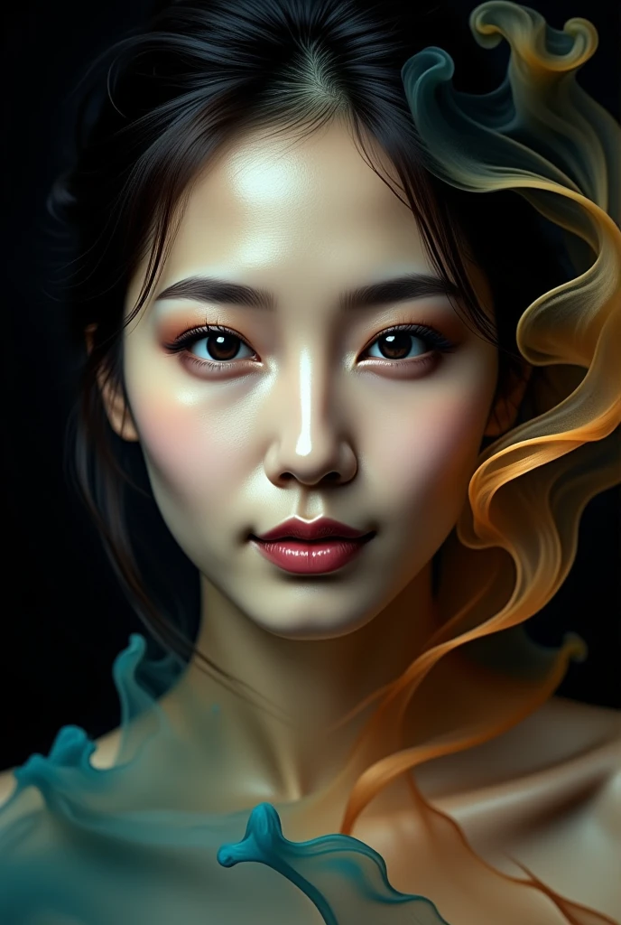 A very realistic photograph of an Asian woman's upper body close-up, her face slender, with a softbox illuminating the woman's face and revealing the detailed texture of her skin and eyelashes. (A swirling, turquoise and orange bi-toned mist envelops her in its entirety: 1.8). Her eyes gaze flirtatiously into the camera, she is smiling and her mouth is slightly open, the studio setting contrasts with the woman's realistic skin texture (turquoise and orange bi-toned mist: 1.5) and provides an infinitely dark backdrop. Her features are highlighted by the gentle light, while the mysterious bi-toned mist creates an otherworldly atmosphere. (turquoise and orange bi-toned mist fills the screen: 1.8), pitch black background