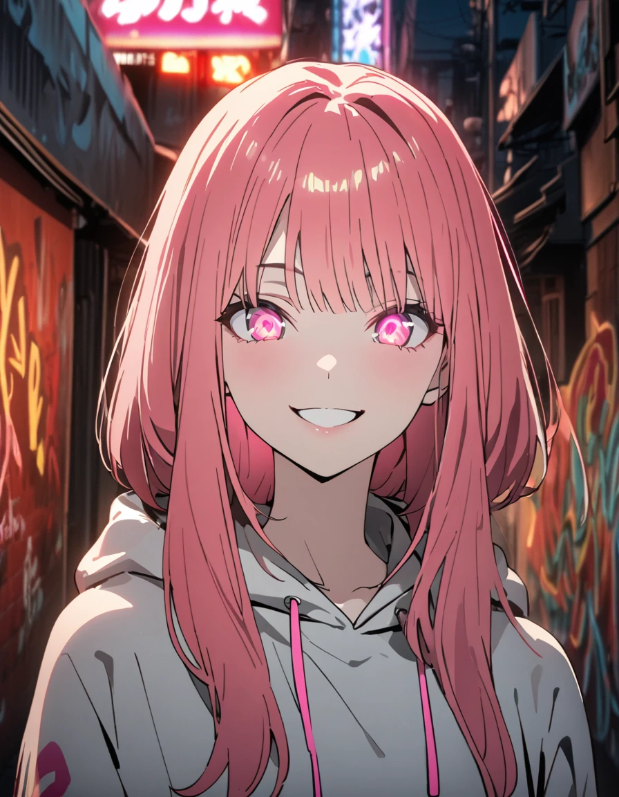 masterpiece, Best Quality, 8k, detailed background, masterpiece, Best Quality, smile,  t I ,  HOODIE, Portraiture, Neon Pink, graffiti, dark, night, Shining Eyes,  Black Light, Chinatown