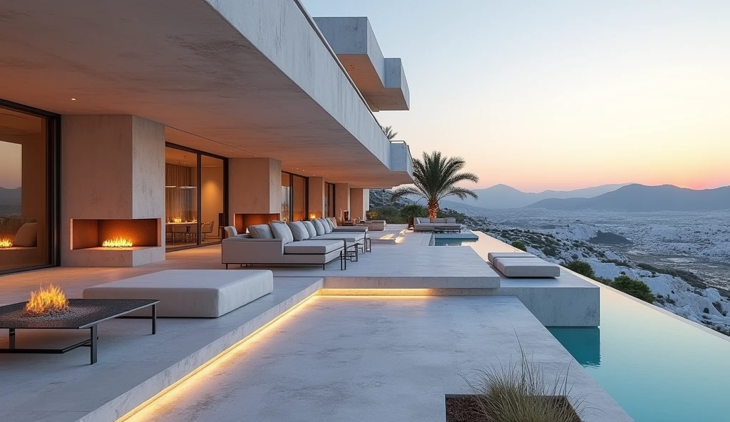 Spectacular views、トルコのパムッカレに建てられたコンクリート造の豪邸、A concrete mansion built in Pamukkale, Turkey with a large sofa and fireplace on the balcony 、 the sunset is dazzling、masterpiece, Hi-Res, Best Quality,