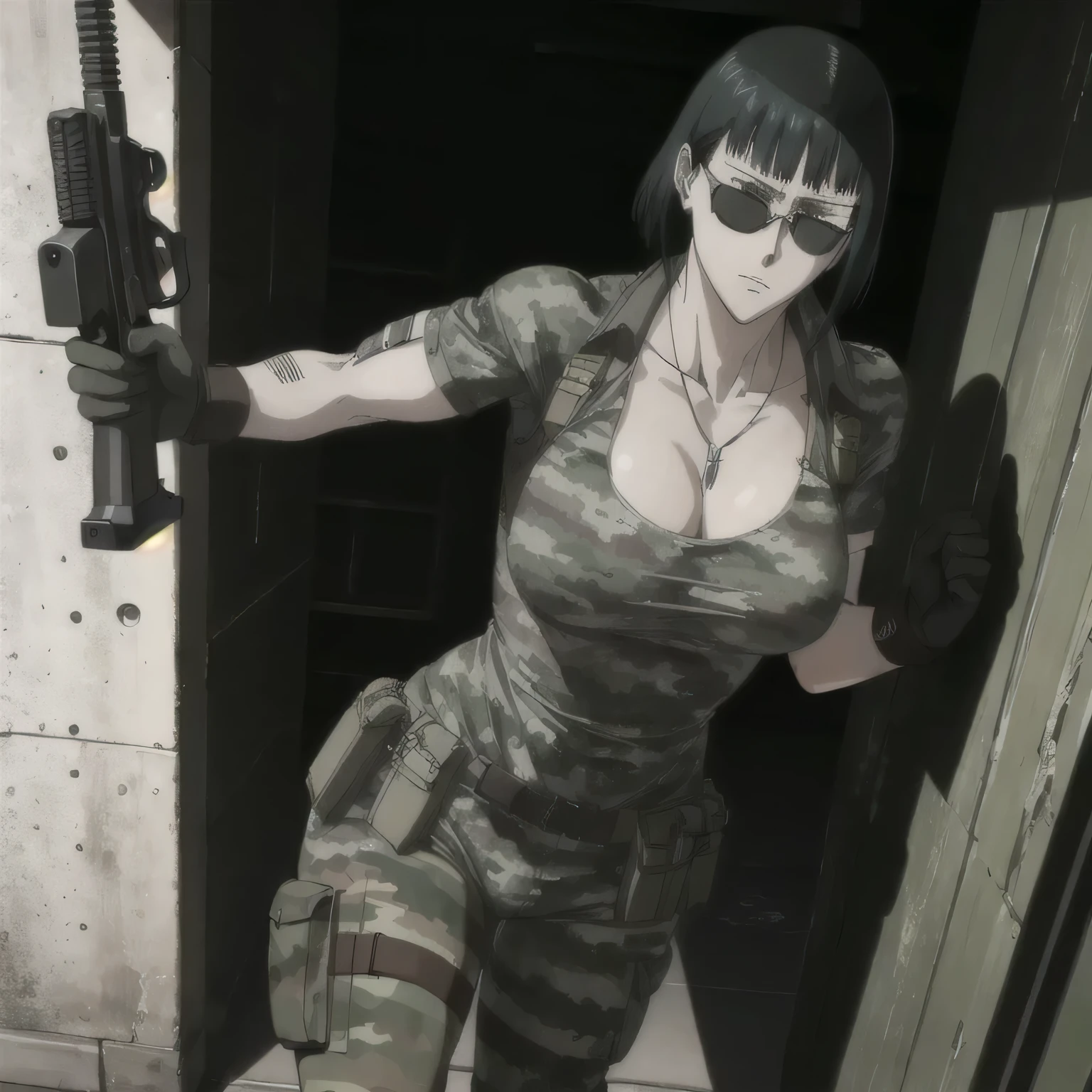masterpiece, high quality, best quality, 1girl, (muscular female:1.0), (super gigantic breasts:1.0), (closed mouth, half smile), valmet, eyepatch, black hair, long hair, yellow eyes, black compression shirt, black camouflage pants, black belt with gold buckle, black combat boots, anime screencap, anime key visual, (fully clothed:1.0), full body <lora:Valmet:1>